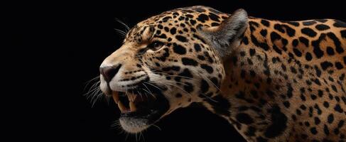 The fierce jaguar displaying its power and beauty in a striking black background. photo