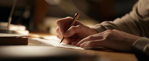 The elegant hand writing with a stylish pen on a sheet of paper. photo