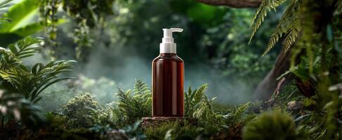 The elegant cosmetic bottle surrounded by lush green nature. photo