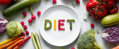 The colorful arrangement of fresh vegetables spelling out 'DIET'. photo