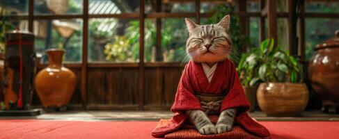 The serene cat in a traditional Japanese setting exuding calm and joy. photo