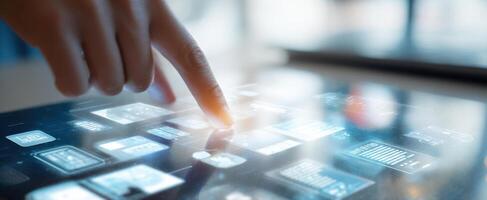 The hand interacting with a futuristic touchscreen tablet interface. photo