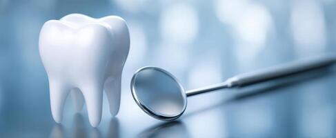 The Tooth and Dental Mirror Representing Oral Health and Care. photo