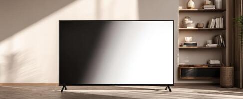 The contemporary television showcasing minimalistic elegance in a stylish living room. photo