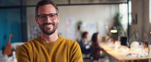 The smiling man in a modern office with engaged colleagues in the background. photo