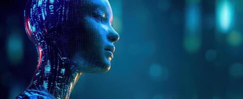 The futuristic digital robot profile with glowing circuitry and vibrant colors. photo
