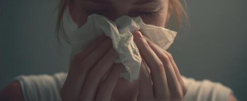 The emotional struggle of a woman holding a tissue in a moment of sadness. photo
