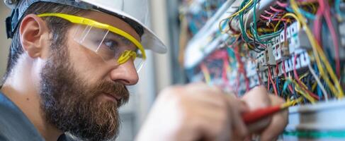 The electrician carefully inspects wiring in a commercial electrical panel. photo