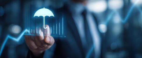 The digital umbrella symbolizing protection in financial growth and investment analysis. photo