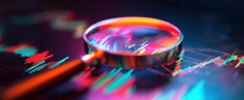 The Magnifying Glass Focusing on Colorful Financial Data Charts and Trends photo