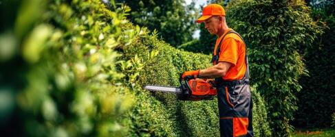 The professional landscaper trimming a lush green hedge with precision. photo