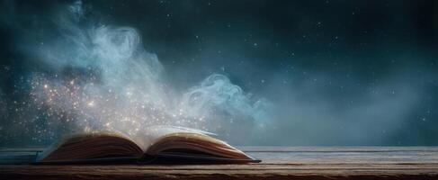 The Enchanted Book Revealing Stars and Magic in a Mystical Night Scene photo
