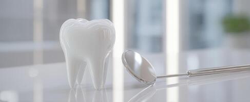 The gleaming dental tooth accompanied by a reflective clinical mirror. photo