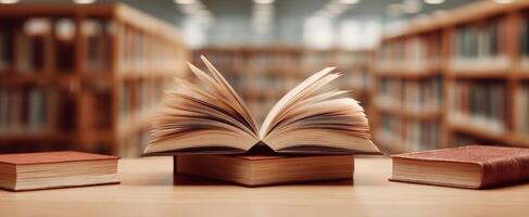 The Open Book on a Table Surrounded by Other Books in a Library Setting photo