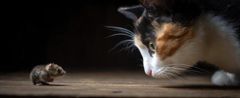 The cat and mouse encounter in a captivating indoor setting. photo