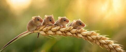 The charming family of mice perched on a golden wheat stalk at sunset. photo