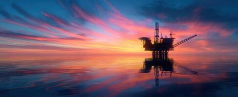 The offshore oil rig silhouetted against a colorful sunset sky. photo