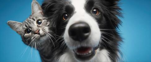 The happy dog and cat sharing a joyful moment together. photo