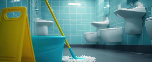 The mop and bucket in a clean, modern restroom setup. photo