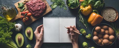 The creative kitchen setup with fresh ingredients and a blank recipe notebook. photo