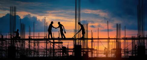 The workers collaborating on a construction site at sunset with vibrant skies. photo