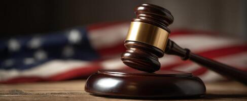The gavel symbolizing justice on a wooden surface with an American flag. photo