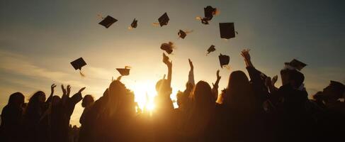 The graduates celebrating their achievement at sunset with flying caps photo