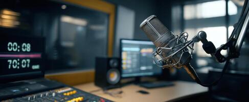 The microphone setup in a professional recording studio environment. photo