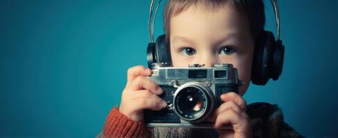 The charming child with a vintage camera and oversized headphones. photo