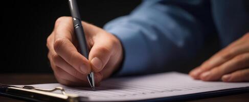 The hand writing with a pen on a clipboard in a professional setting photo
