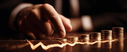 The meticulous hand analyzing rising financial growth with stacked coins. photo