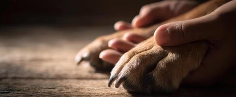 The Loving Connection Between Human Hands and a Dog's Paw. photo