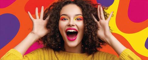 The joyful woman with colorful makeup and vibrant background showcases excitement and beauty. photo