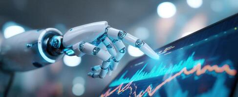 The robotic hand interacting with digital financial data on a touchscreen display photo