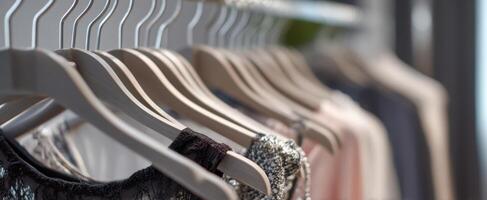 The elegant display of fashionable clothing on hangers in a boutique photo