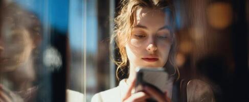 A woman looking at her phone while standing in front of a mirror photo
