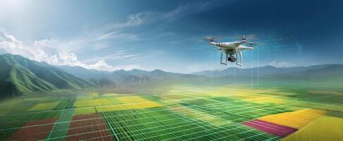 The drone soaring above vibrant agricultural fields with advanced technology. photo