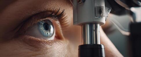 The detailed examination of a patient's eye during a routine optometry checkup. photo