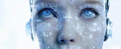 The futuristic robot face with digital circuits and glowing blue eyes. photo