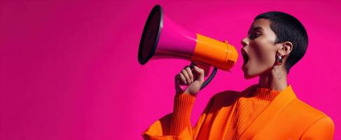 The vibrant woman with a megaphone exuding confidence and style. photo