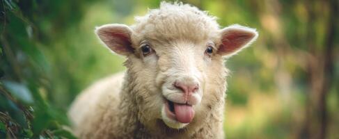 The cute sheep sticking its tongue out in a vibrant green pasture. photo