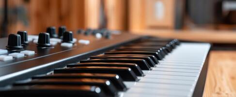 The close-up view of a sleek electronic keyboard with dials. photo