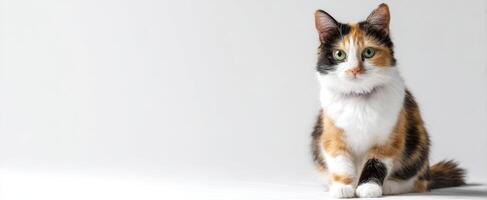 The beautiful calico cat sitting gracefully against a white background photo