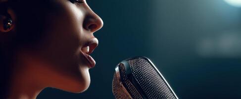The singer passionately performing into a vintage microphone in a studio setting. photo