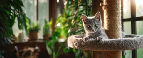 The adorable grey kitten lounging on a cozy cat perch in a sunlit room. photo