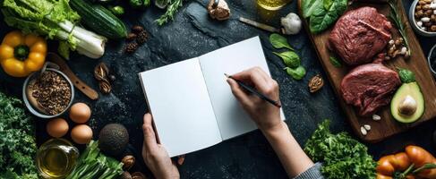 The open notebook surrounded by fresh ingredients and cooking essentials. photo
