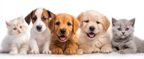 The adorable gathering of kittens and puppies in a playful setting. photo