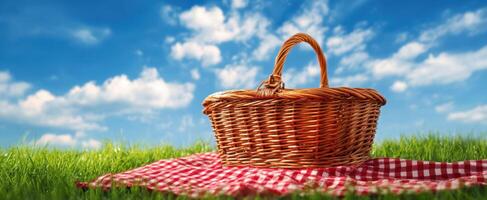 The wicker picnic basket resting on a checkered blanket in a sunny field. photo