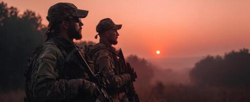 The soldiers standing guard at sunrise in a serene landscape. photo