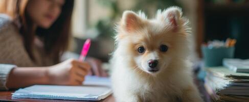 The Pomeranian Dog Comfortably Overlooking a Student's Study Session at Home photo